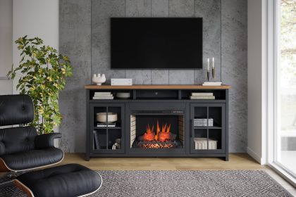 Bridgevine Home Essex 74 inch Fireplace TV Stand Console for TVs up to 85 inches, Minimal Assembly, Black and Whiskey Finish